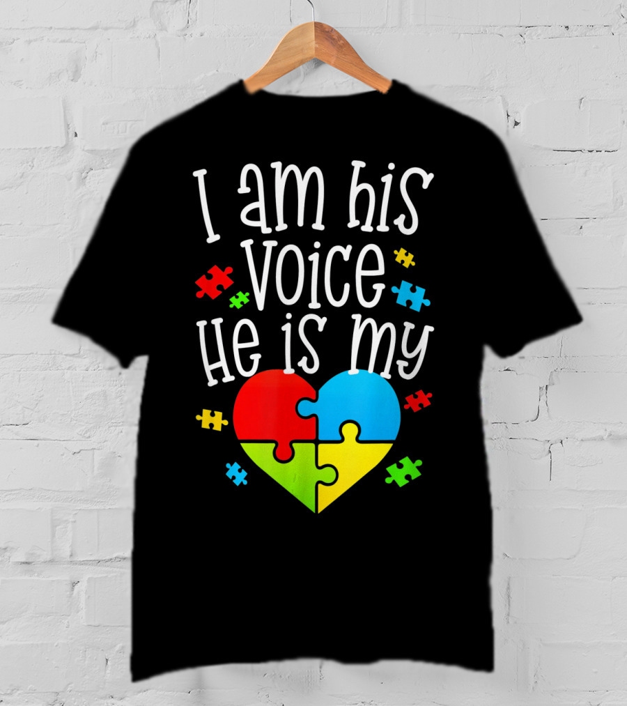 I Am His Voice He Is My Heart Autism Puzzle Pieces T-Shirt