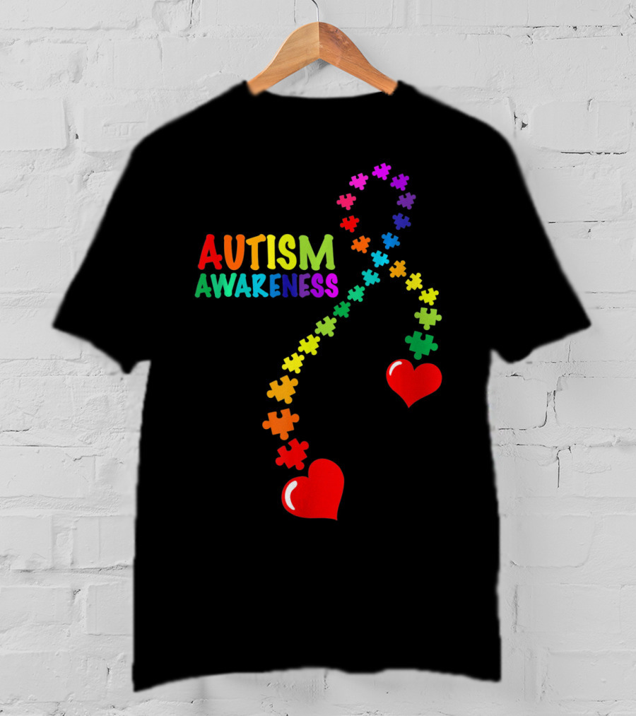 Autism Awareness Puzzle Heart Ribbon Rainbow T-Shirt