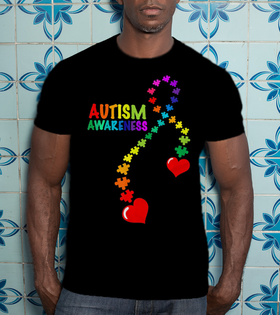 Autism Awareness Puzzle Heart Ribbon Rainbow T-Shirt