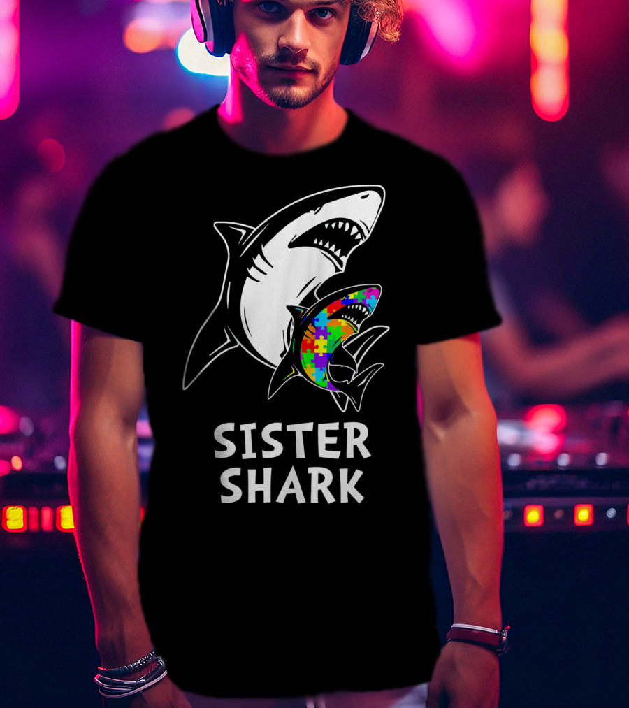 Sister Shark Autism Awareness Puzzle T-Shirt