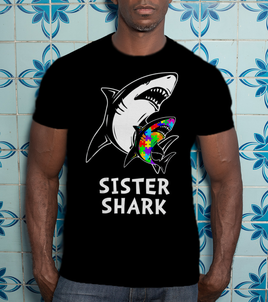 Sister Shark Autism Awareness Puzzle T-Shirt