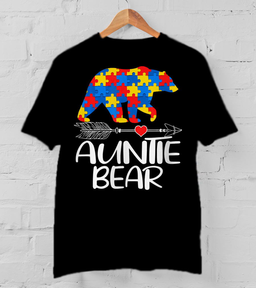 Autism Awareness Auntie Bear Puzzle Heart Arrow T-Shirt