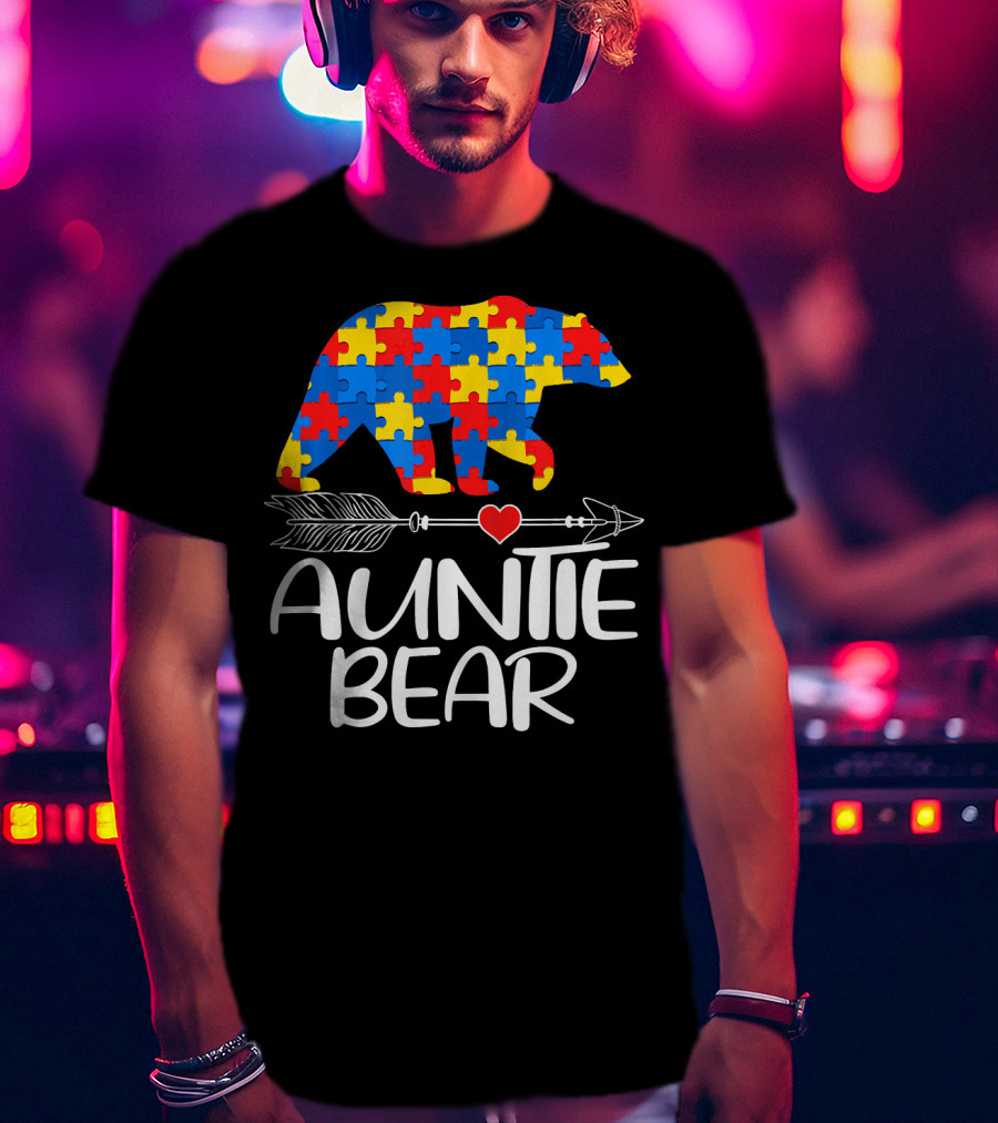 Autism Awareness Auntie Bear Puzzle Heart Arrow T-Shirt