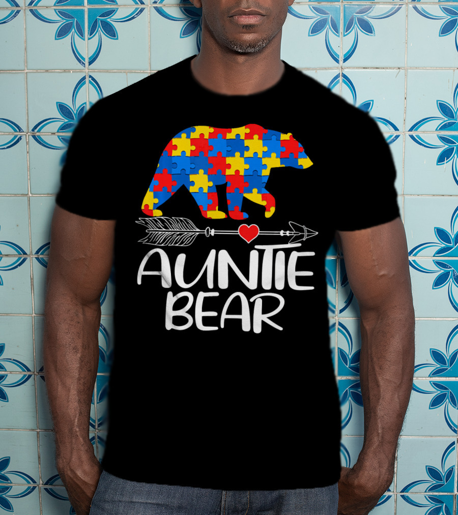 Autism Awareness Auntie Bear Puzzle Heart Arrow T-Shirt