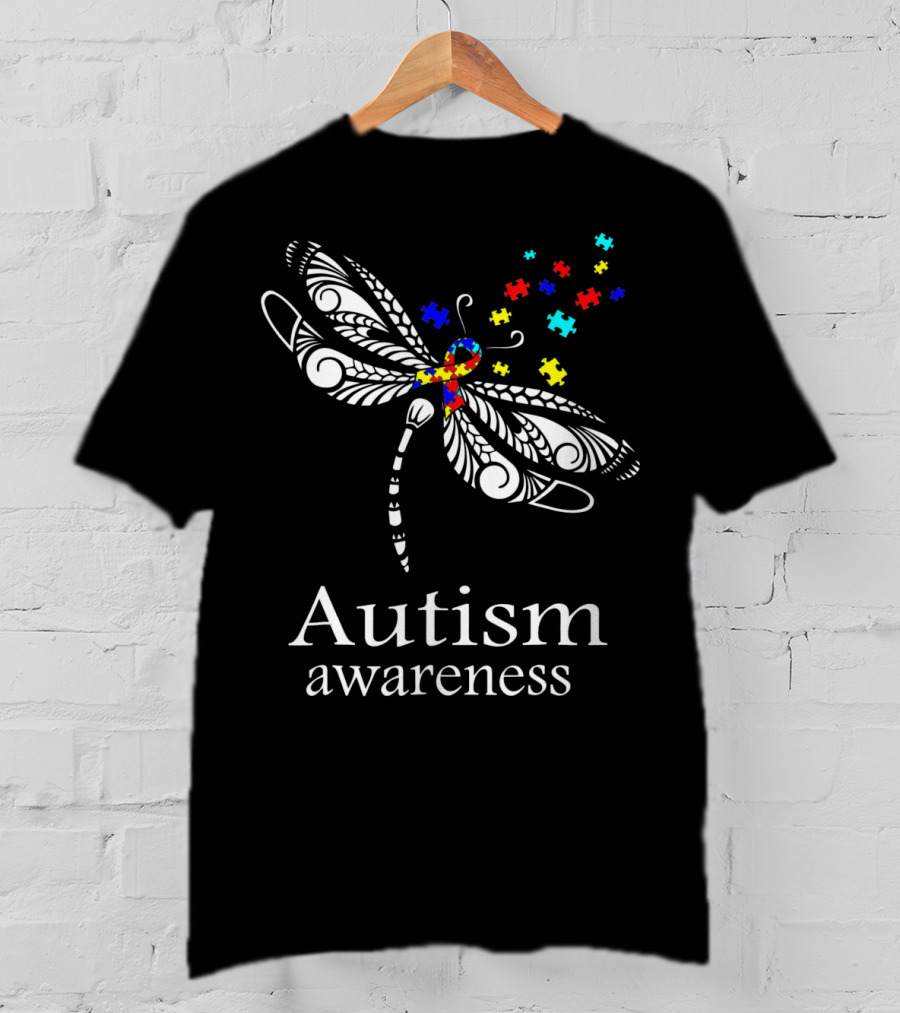 Autism Awareness Dragonfly Puzzle Pieces Symbolizing Support T-Shirt