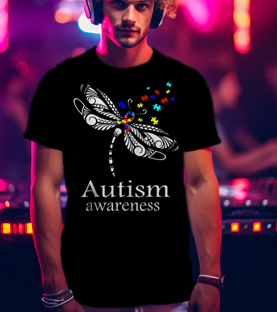 Autism Awareness Dragonfly Puzzle Pieces Symbolizing Support T-Shirt