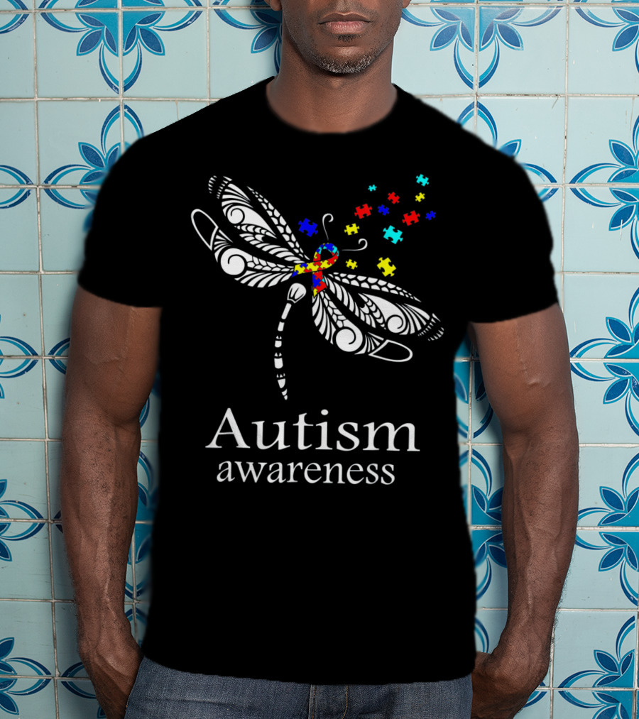 Autism Awareness Dragonfly Puzzle Pieces Symbolizing Support T-Shirt