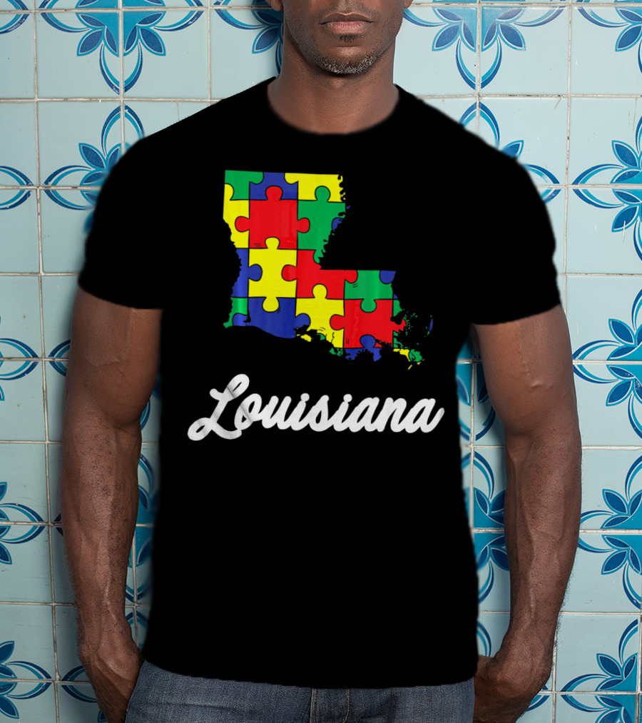Autism Awareness Puzzle Map Louisiana T-Shirt