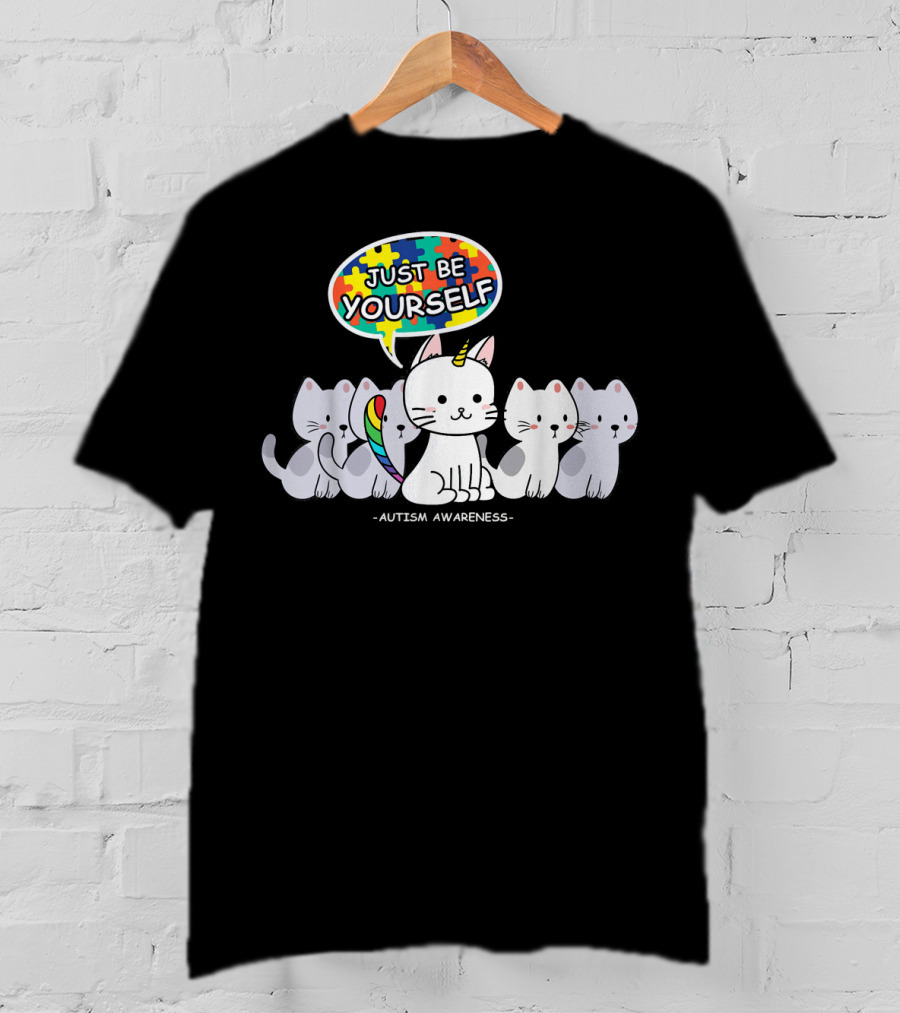 Autism Awareness Just Be Yourself Cat Unicorn With Puzzle T-Shirt
