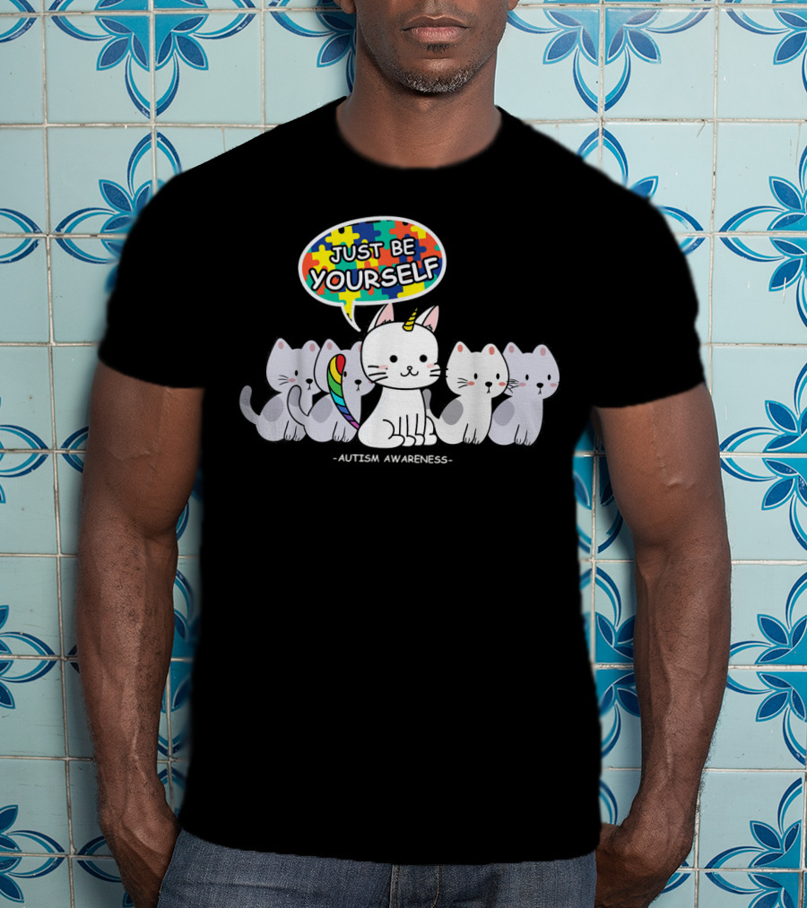 Autism Awareness Just Be Yourself Cat Unicorn With Puzzle T-Shirt