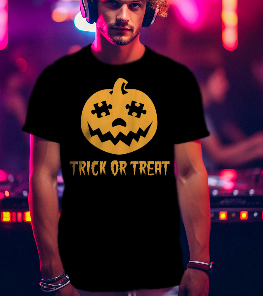 Trick Or Treat Halloween Autism Awareness Pumpkin Puzzle T-Shirt