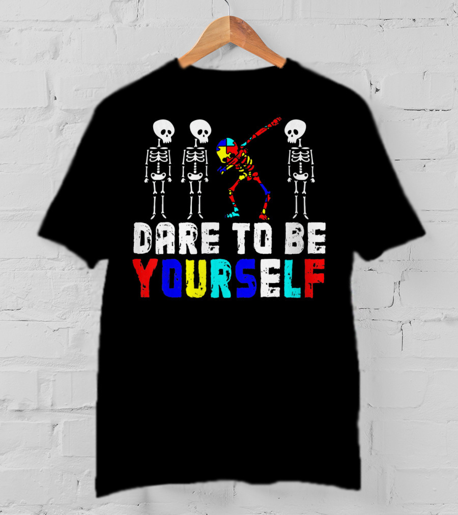 Dare To Be Yourself Skeleton Dabbing Autism Puzzle Colors T-Shirt