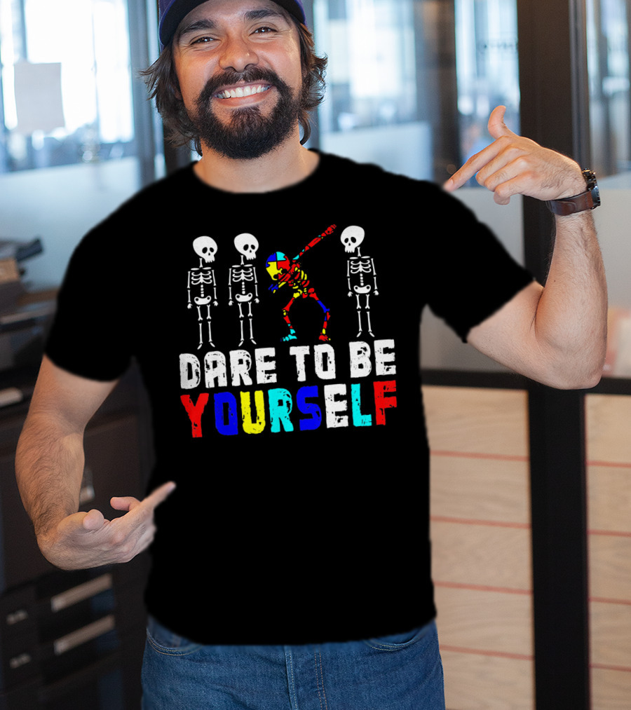 Dare To Be Yourself Skeleton Dabbing Autism Puzzle Colors T-Shirt