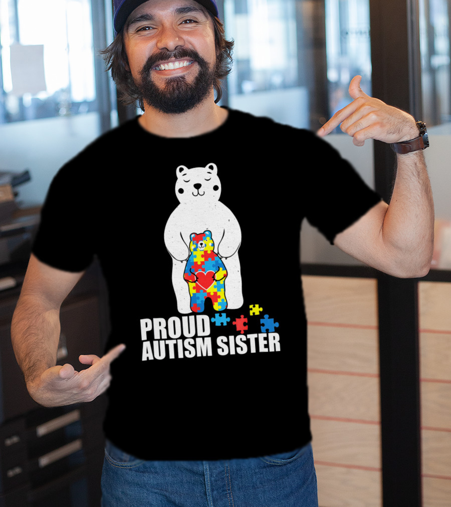 Proud Autism Sister Bear Puzzle Heart Multicolor T-Shirt