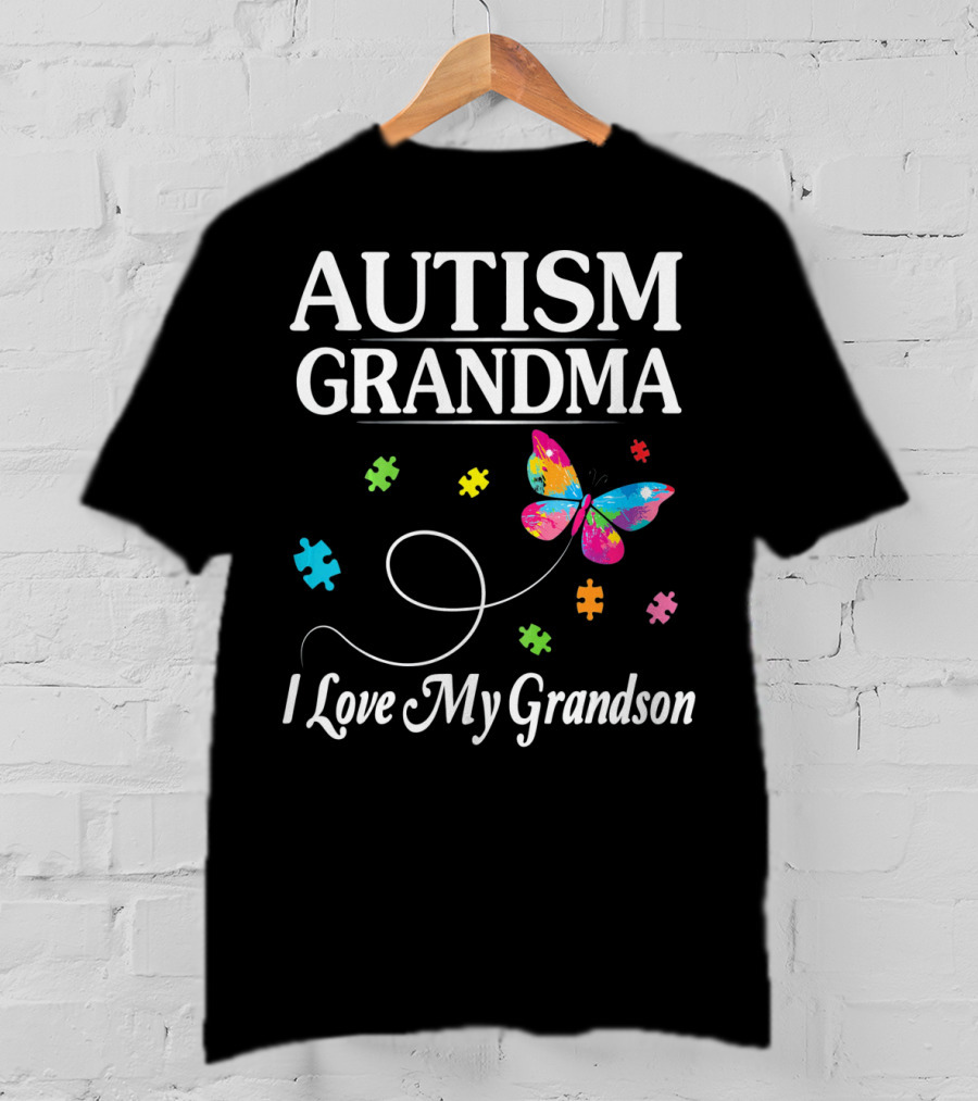 Autism Grandma I Love My Grandson Butterfly Puzzle Pieces T-Shirt