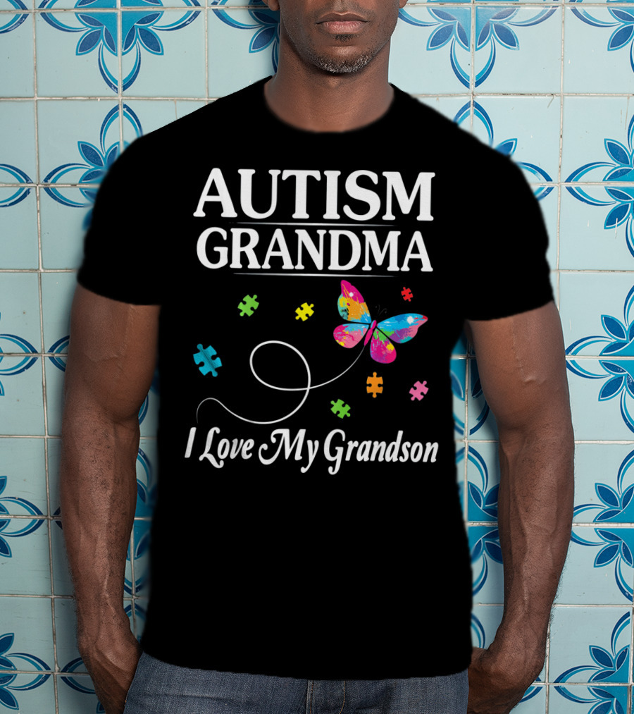 Autism Grandma I Love My Grandson Butterfly Puzzle Pieces T-Shirt