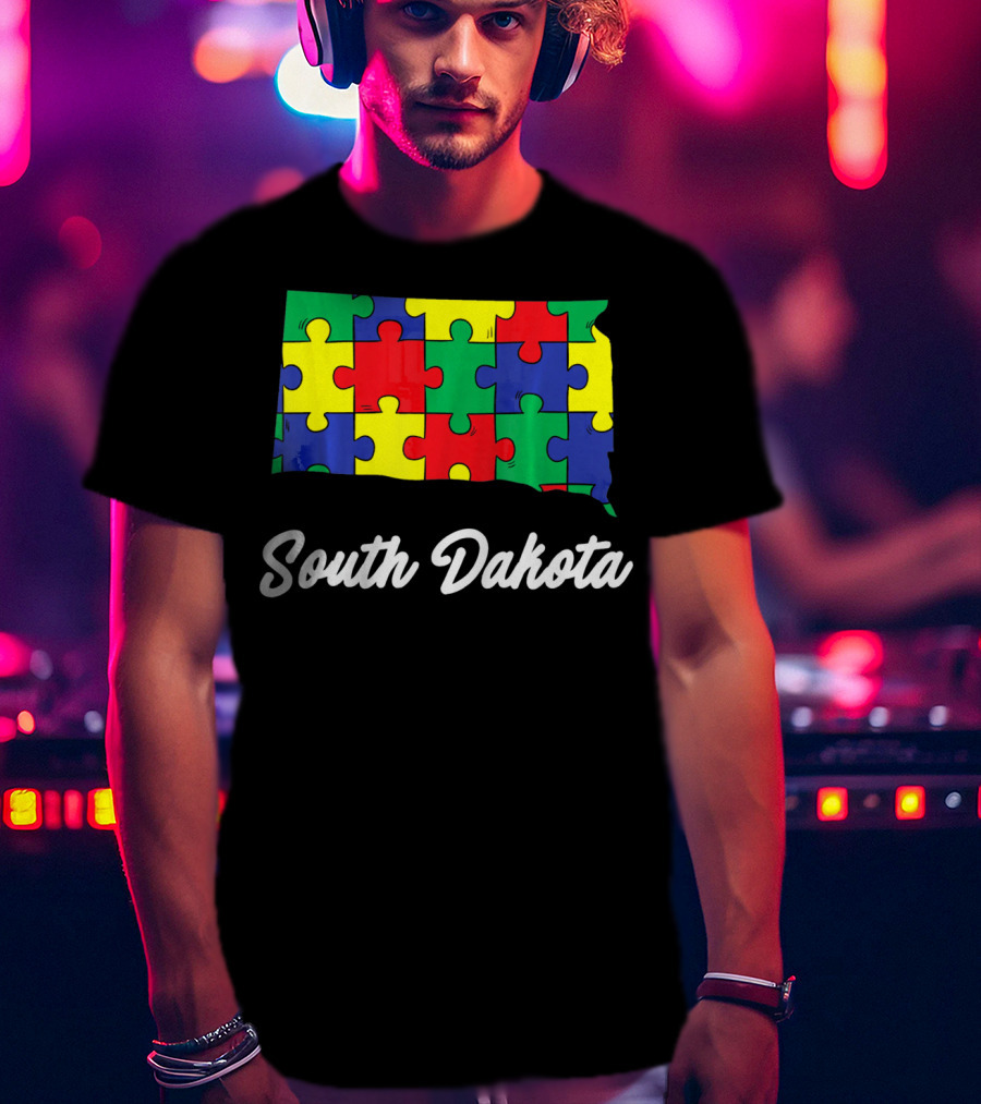 South Dakota Autism Awareness Puzzle Map T-Shirt