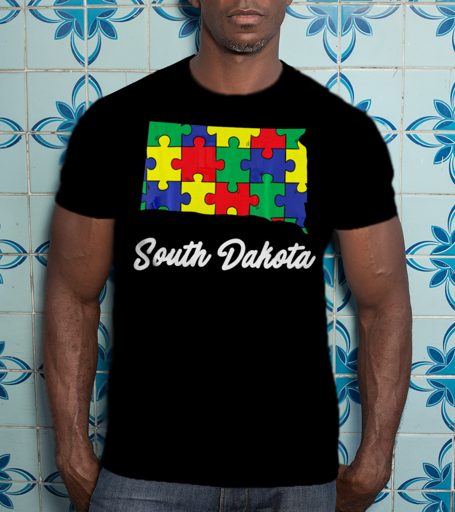 South Dakota Autism Awareness Puzzle Map T-Shirt