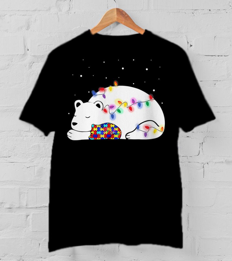 Autism Awareness Mama Bear Christmas Lights Puzzle T-Shirt