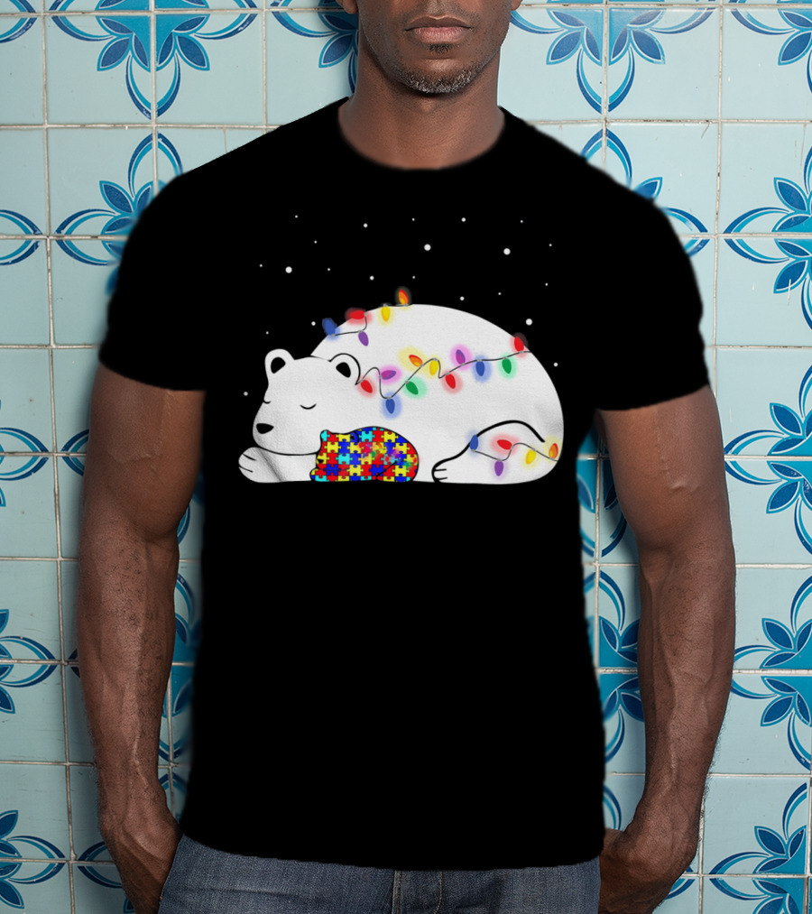 Autism Awareness Mama Bear Christmas Lights Puzzle T-Shirt