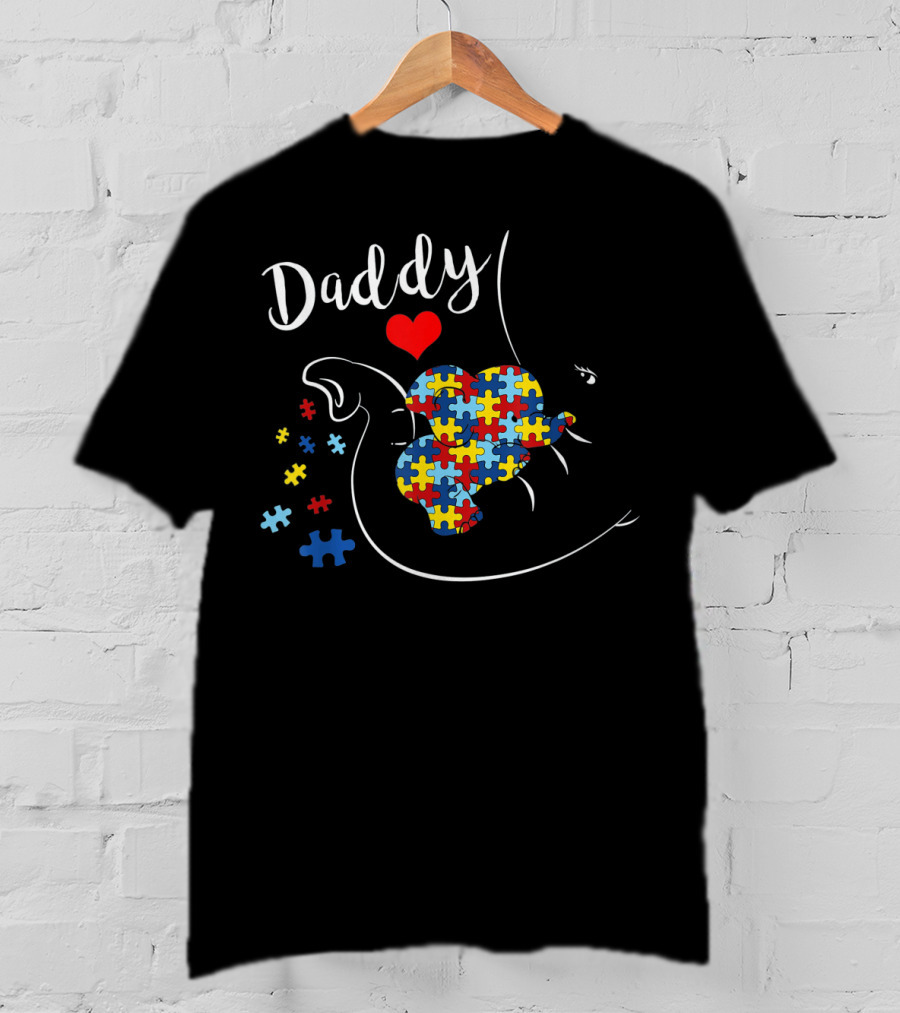 Daddy Elephant With Autism Awareness Puzzle Heart T-Shirt