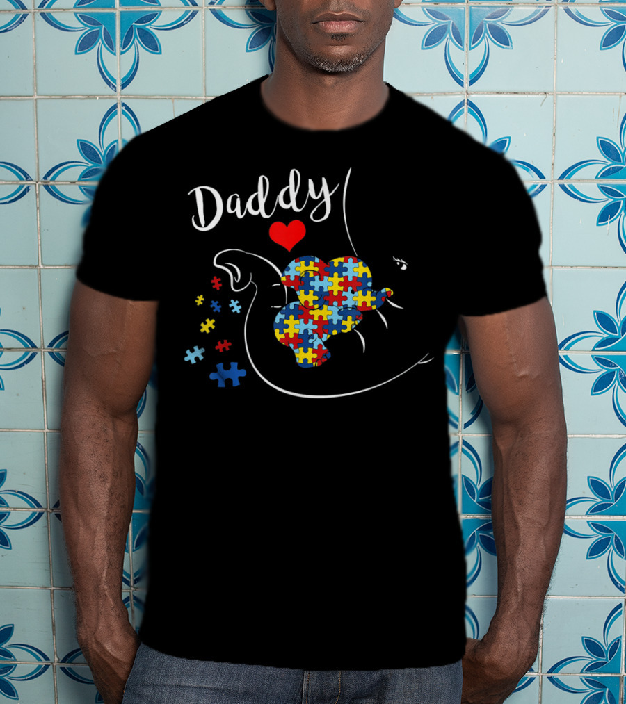 Daddy Elephant With Autism Awareness Puzzle Heart T-Shirt