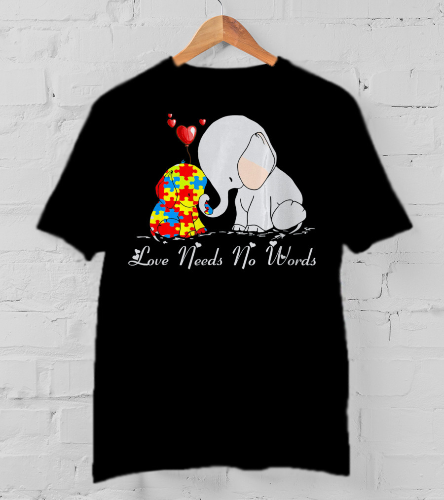 Love Needs No Words Autism Awareness Elephant Puzzle Hearts T-Shirt