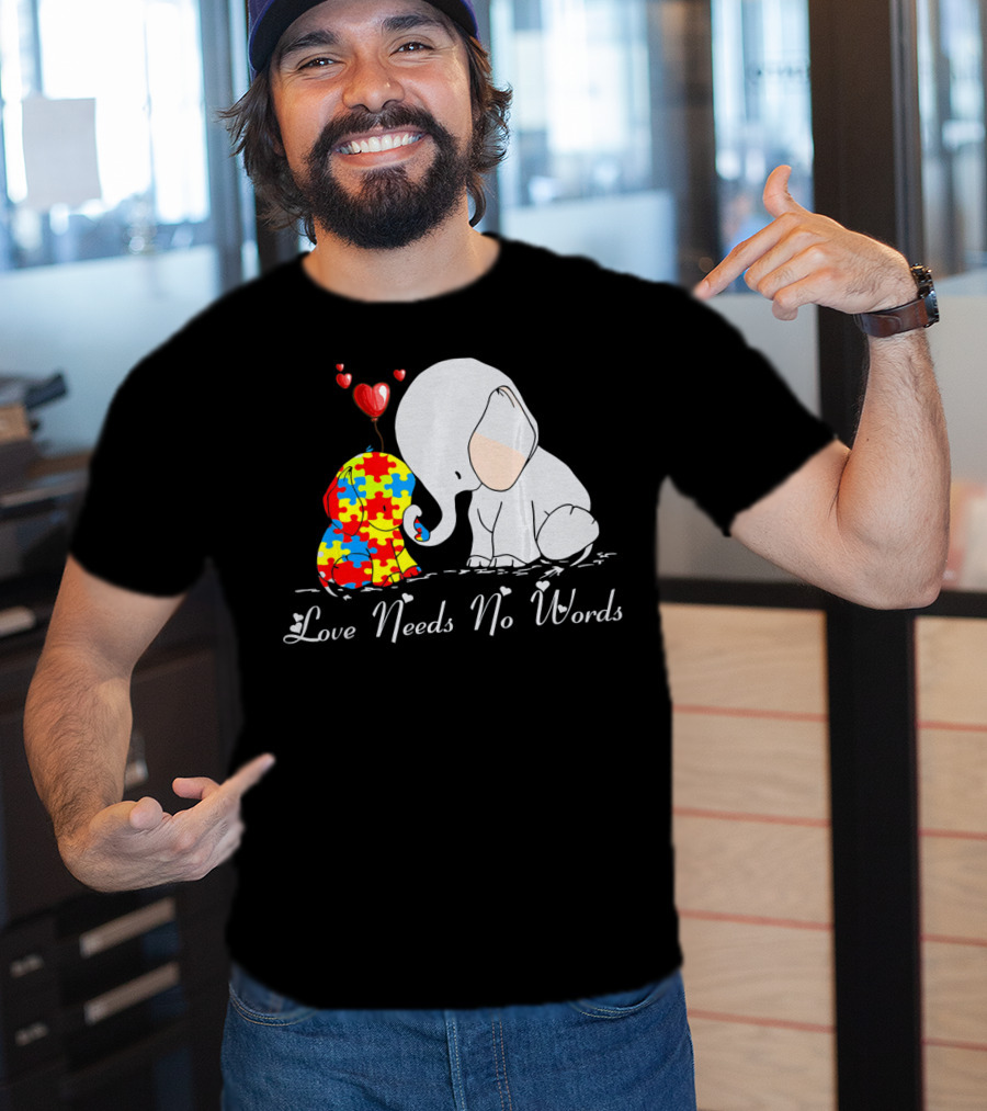 Love Needs No Words Autism Awareness Elephant Puzzle Hearts T-Shirt
