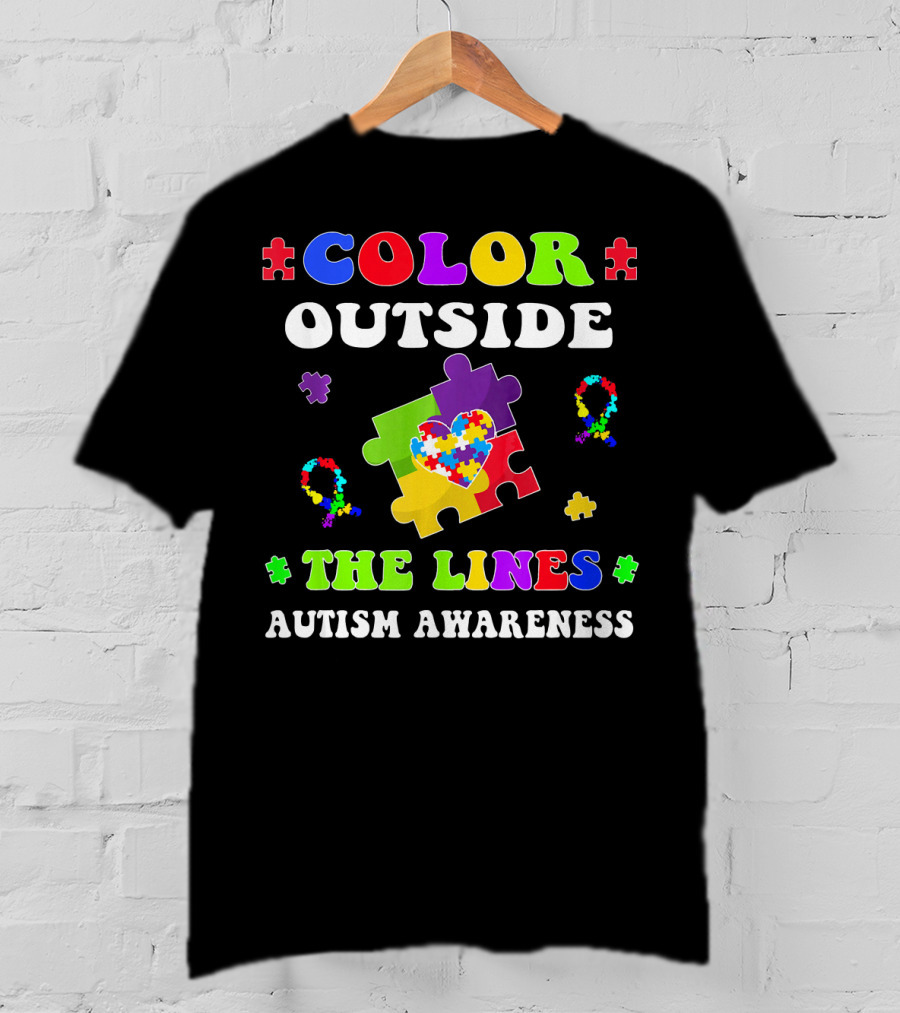 Color Outside The Lines Autism Awareness Puzzle Piece Heart T-Shirt