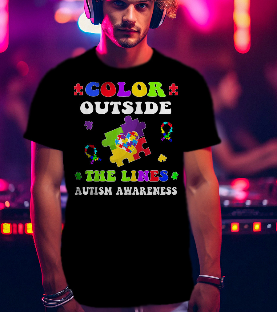 Color Outside The Lines Autism Awareness Puzzle Piece Heart T-Shirt
