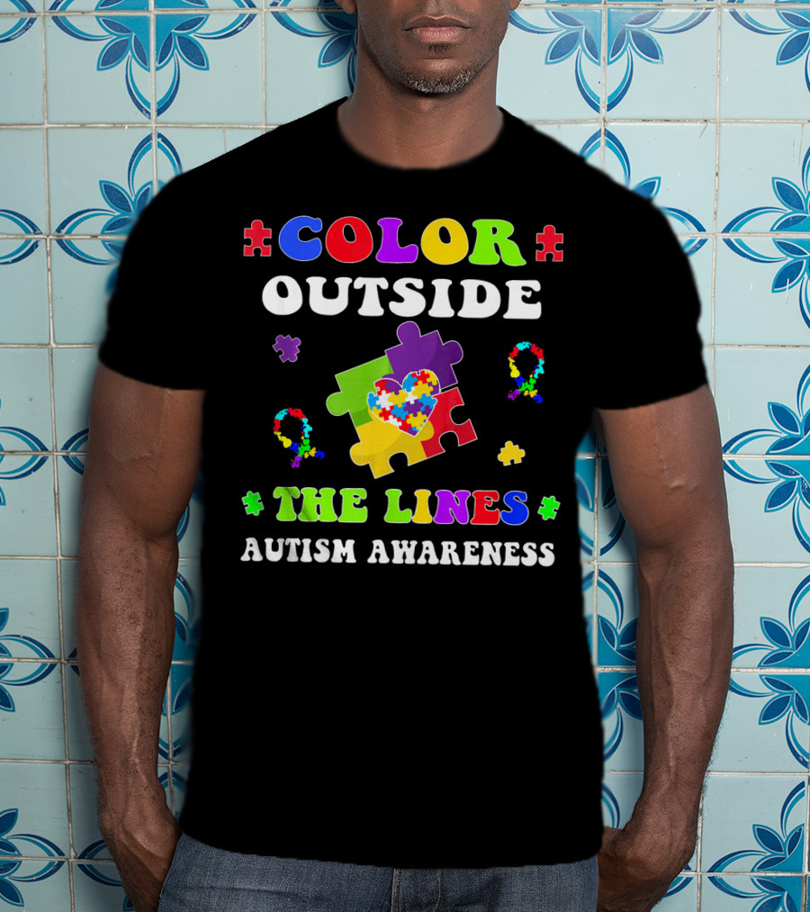 Color Outside The Lines Autism Awareness Puzzle Piece Heart T-Shirt