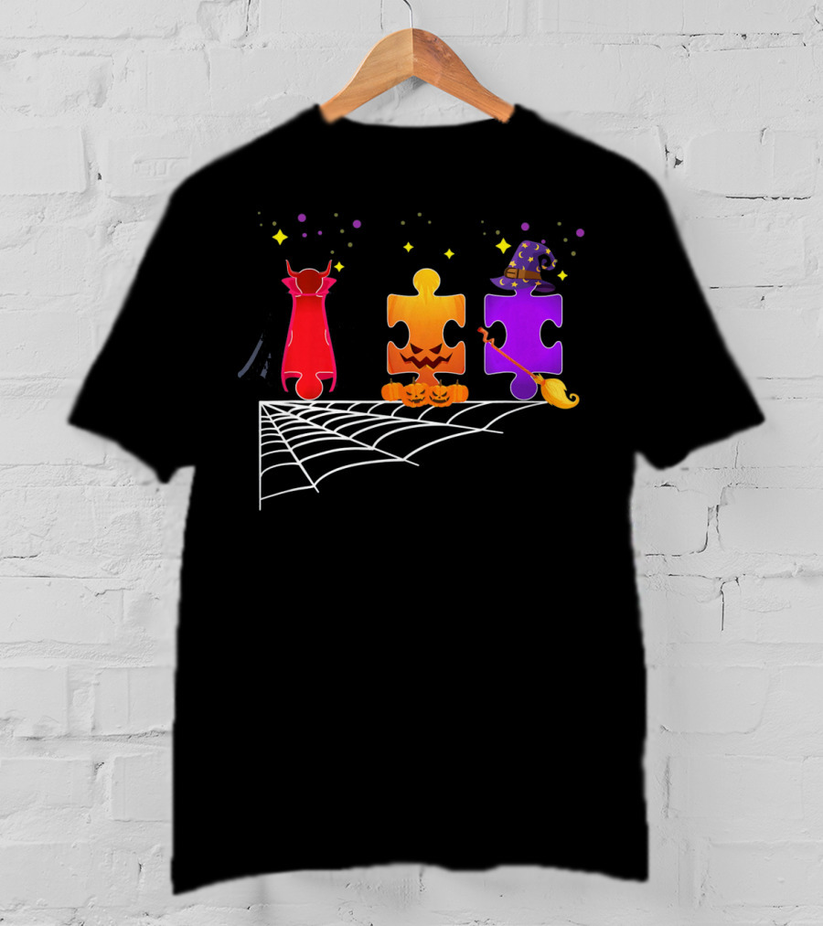 Autism Puzzle Pieces Halloween Witch And Vampire T-Shirt