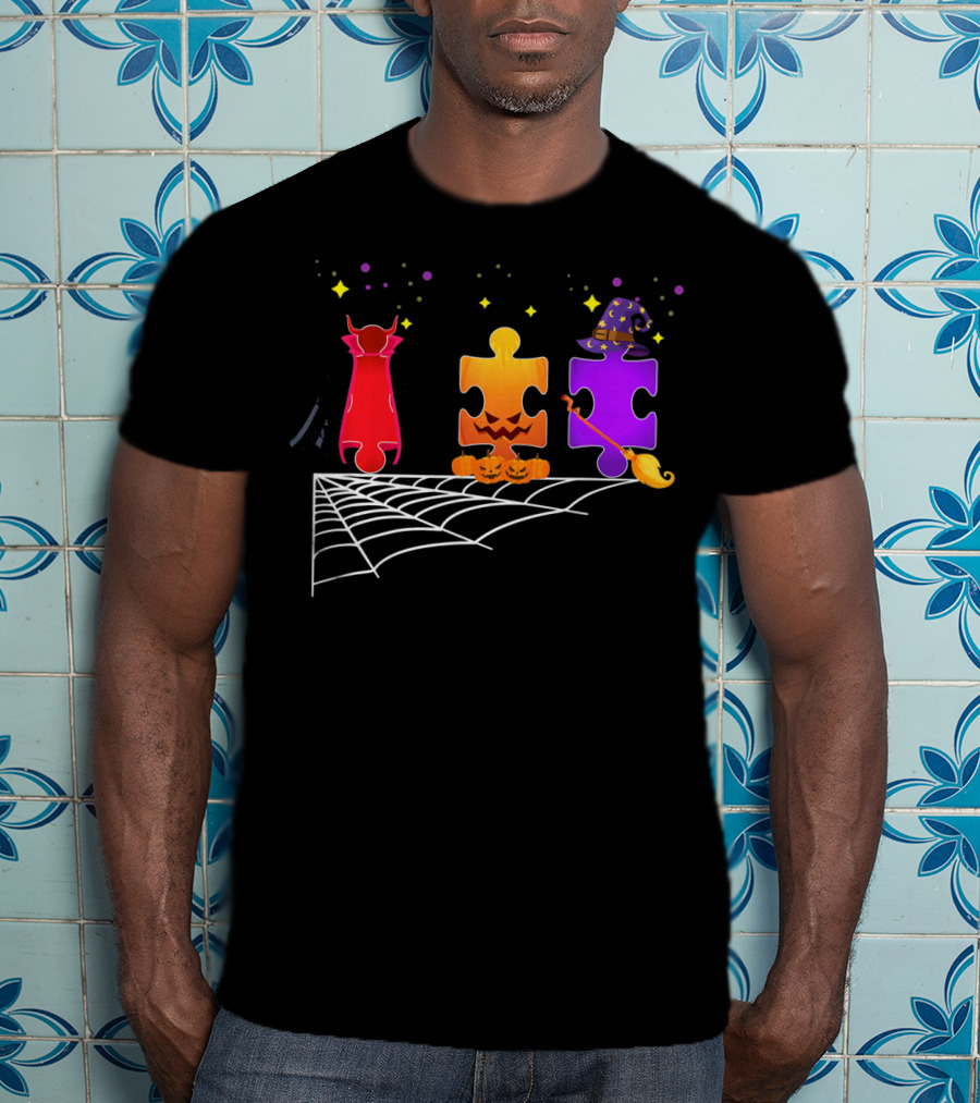 Autism Puzzle Pieces Halloween Witch And Vampire T-Shirt