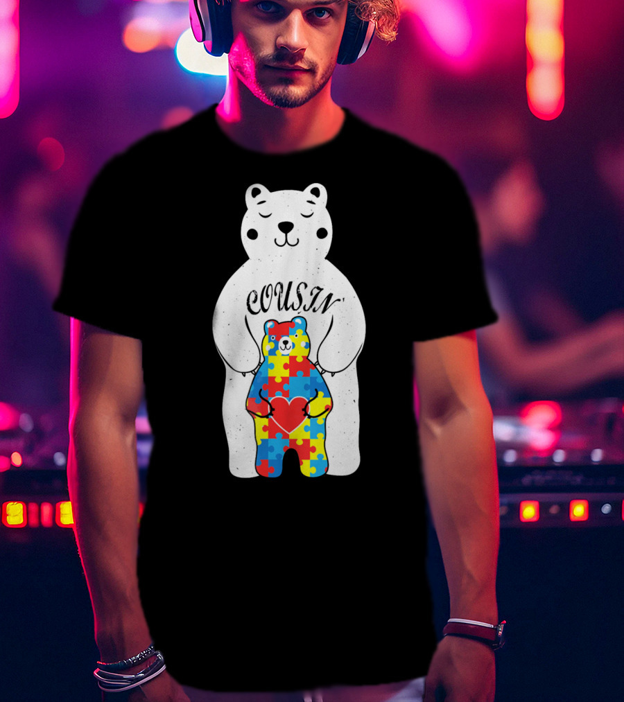 Cousin Bear Holding Autism Awareness Puzzle Heart ASD T-Shirt