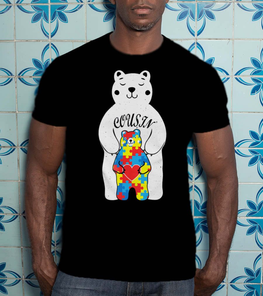 Cousin Bear Holding Autism Awareness Puzzle Heart ASD T-Shirt