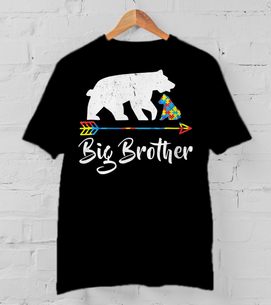 Big Brother Bear Autism Awareness Puzzle Pattern Arrow T-Shirt