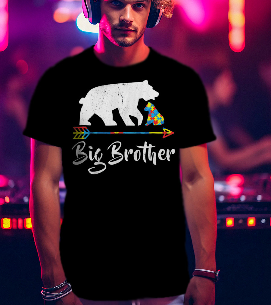 Big Brother Bear Autism Awareness Puzzle Pattern Arrow T-Shirt