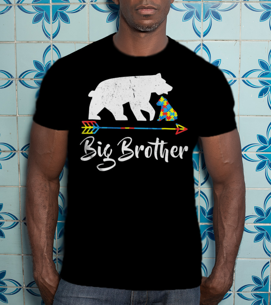 Big Brother Bear Autism Awareness Puzzle Pattern Arrow T-Shirt