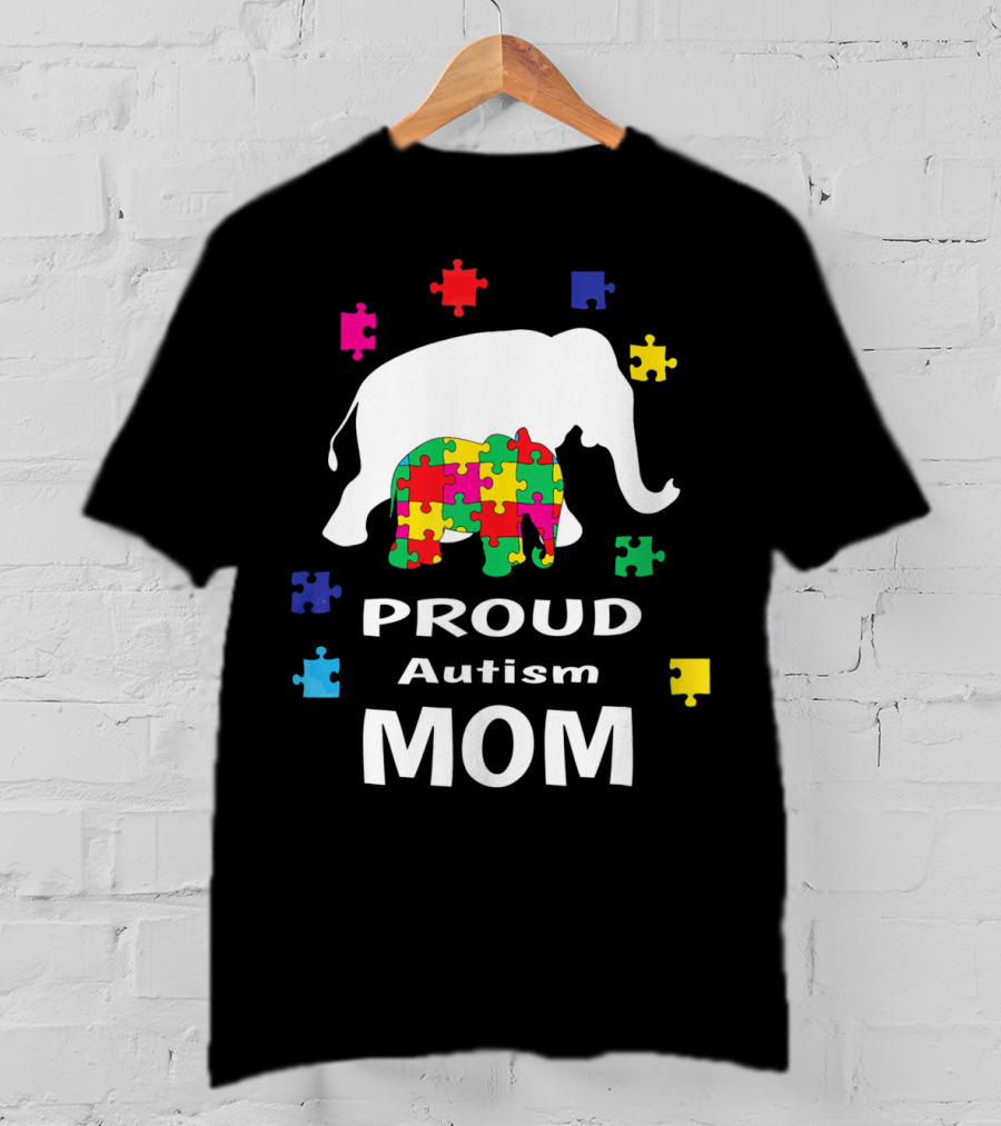 Proud Autism Mom Elephant Puzzle Piece Awareness T-Shirt