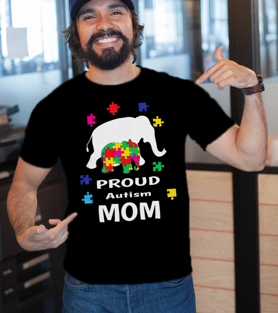 Proud Autism Mom Elephant Puzzle Piece Awareness T-Shirt