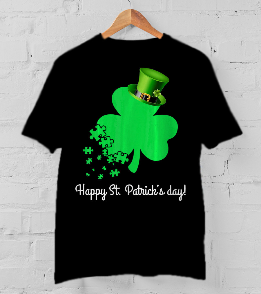 Happy St. Patrick's Day Shamrock With Puzzle Pieces Autism Awareness T-Shirt