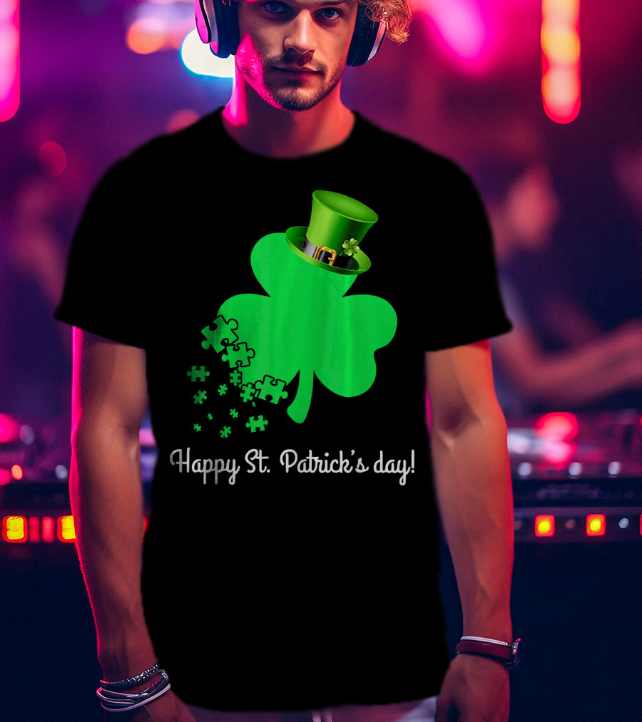 Happy St. Patrick's Day Shamrock With Puzzle Pieces Autism Awareness T-Shirt