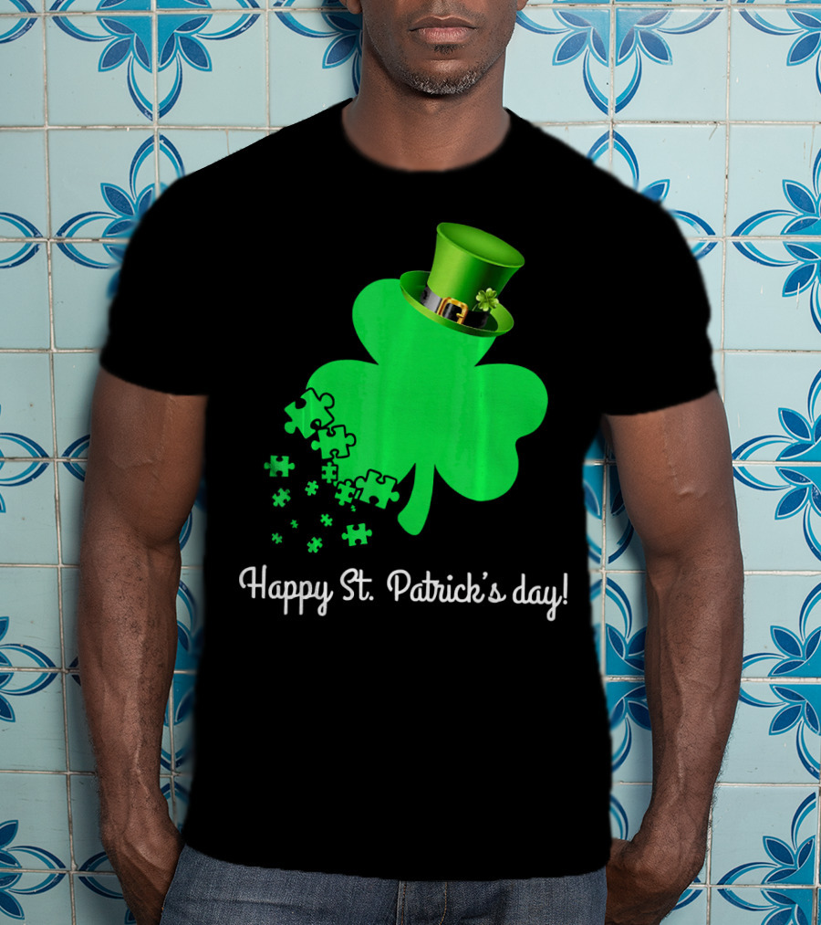 Happy St. Patrick's Day Shamrock With Puzzle Pieces Autism Awareness T-Shirt