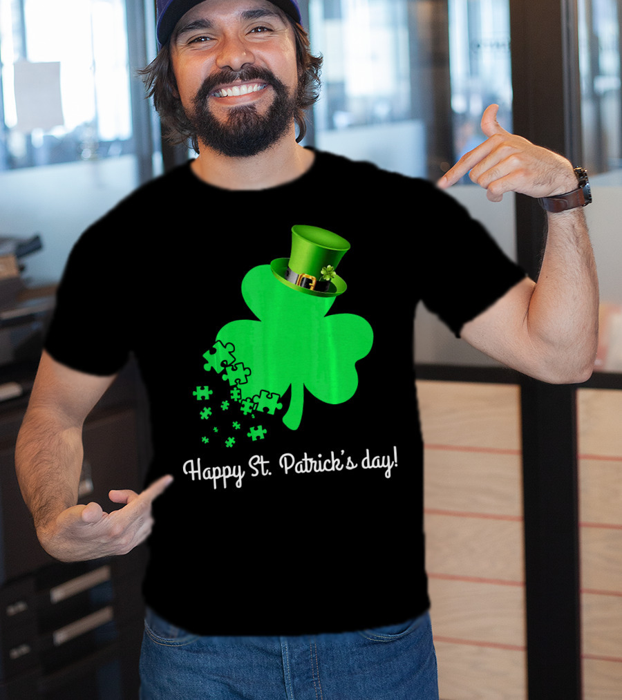 Happy St. Patrick's Day Shamrock With Puzzle Pieces Autism Awareness T-Shirt