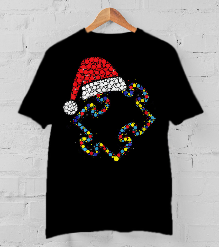 Santa Hat With Colorful Puzzle Pieces Autism Awareness T-Shirt