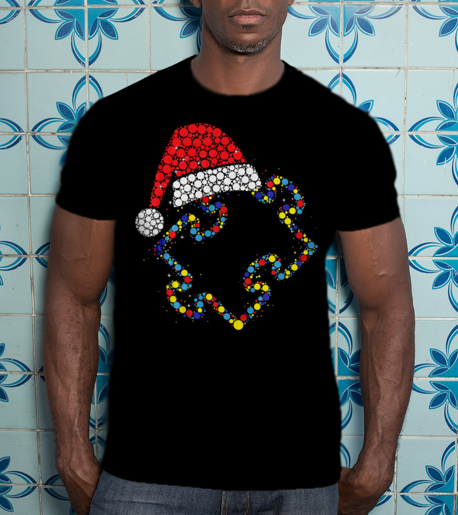 Santa Hat With Colorful Puzzle Pieces Autism Awareness T-Shirt