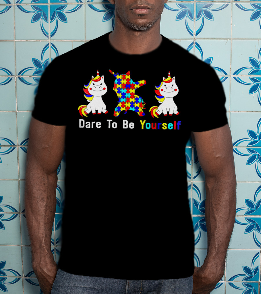 Dare To Be Yourself Autism Awareness Unicorn Puzzle Dabbing T-Shirt
