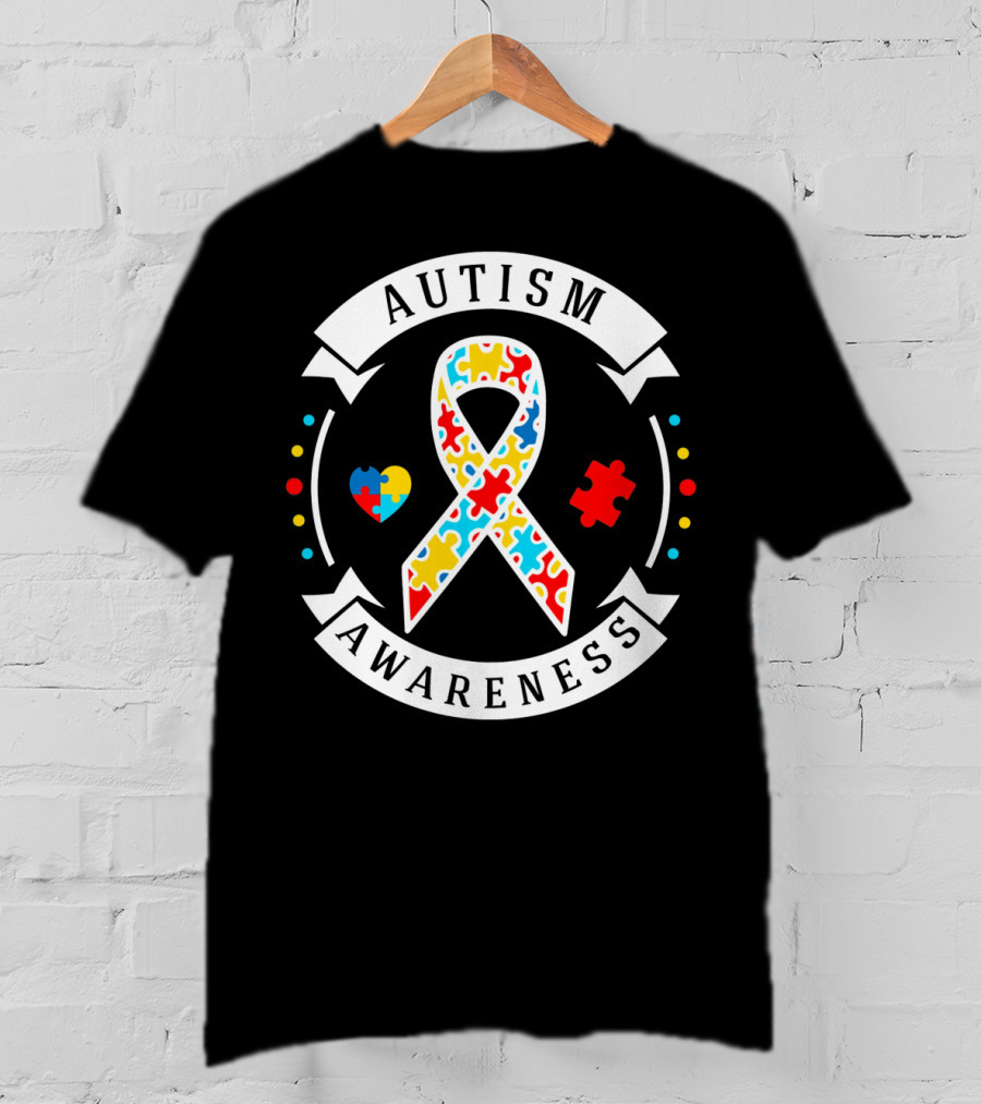 Autism Awareness White Puzzle Piece Ribbon Heart T-Shirt