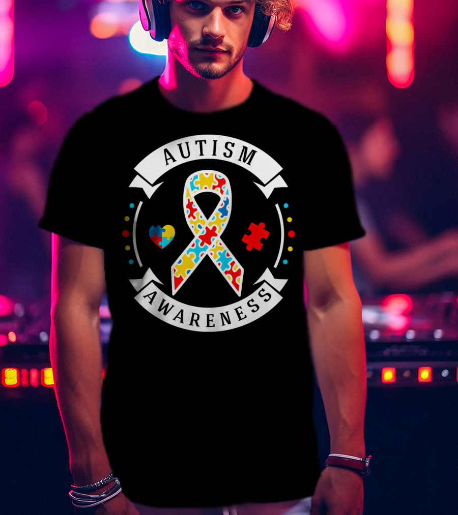 Autism Awareness White Puzzle Piece Ribbon Heart T-Shirt
