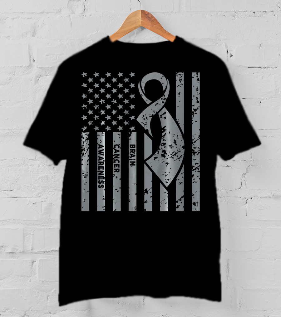 Brain Cancer Awareness Ribbon American Flag T-Shirt